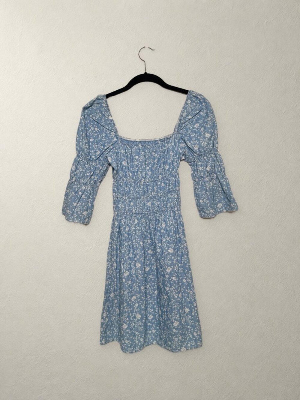 Topshop Blue Ditsy Floral Smocked Square Neck Puff Sleeve Mini Dress Size 0 - Picture 2 of 2